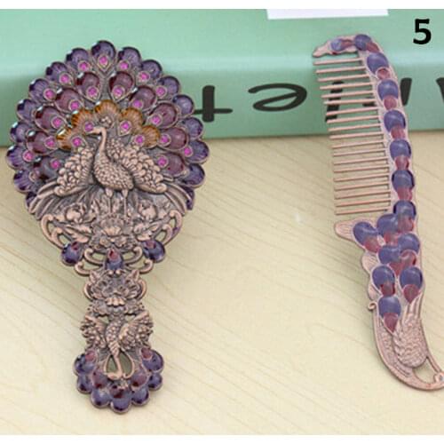 New Vintage Mirror Comb Set Makeup Vanity Desk Kit Mini Handheld Mirror Retro Peacock Pattern SCI88