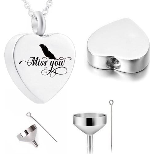 Cremation Jewelry Heart Pendant Stainless Steel Urn Necklace Feather Type Pet Ashes Memorial -Miss You