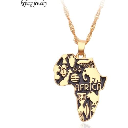 Africa Map Necklace Flag Totem Symbol Animal Elephant Pendant Gold Color Chain African Maps Necklaces Women Men Choker Jewelry
