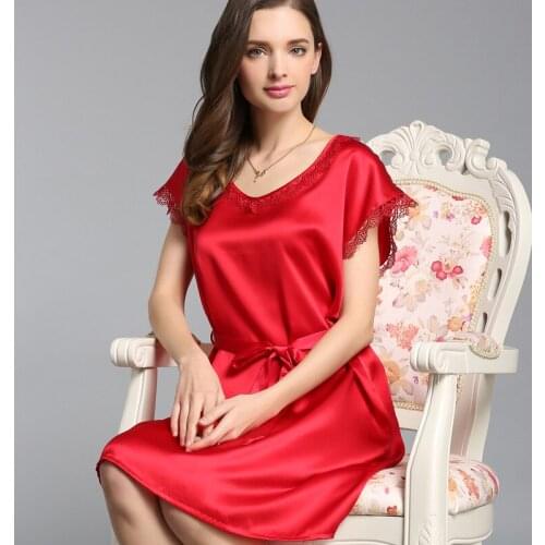 Summer New Style Real Silk Pajamas Woman Round Collar Real Silk Sleep Skirt Sexy 100% Mulberry Silk Short-Sleeved Dress