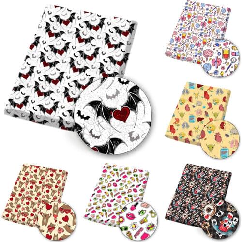 IBOWS Polyester Cotton Fabric Peach Heart Bat Flying Theme Printed Cloth Fabric Dress Garment Bag Home Textile DIY 45*145cm 80g