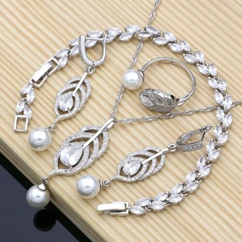 Silver Color Bridal Pearls Jewelry Sets Natural White Zircon Women Wedding Earrings Adjustable Ring Lover Necklace Set