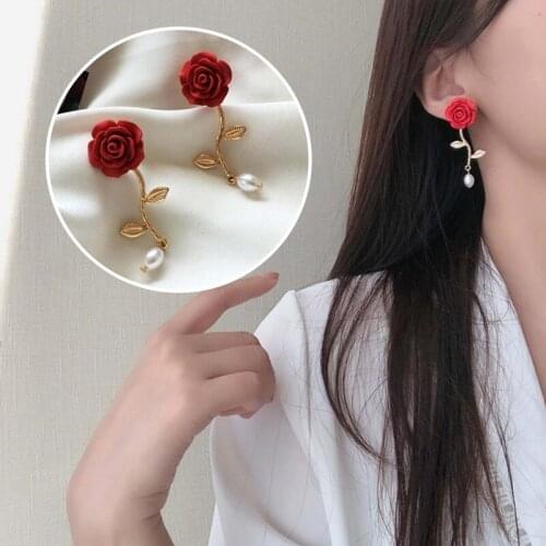 1 Pair Flower Series Ear Post Stud Earrings For Women Daily Jewelry Red White Rose Flower Style Party Accessories