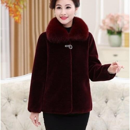Middle-aged mother Faux Fur mink Coat Female Winter Plus Cotton Short Jacket Plus size Fox fur collar Thick Outwear Warm Coats