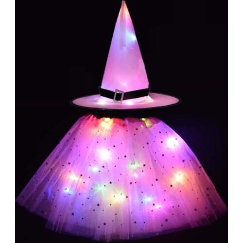 Glow Kids Girls Wizard Witch Hat Spider Web Cobweb Skirt Tutu Halloween Costume Party Supplies Led Party Clothes Birthday Gift