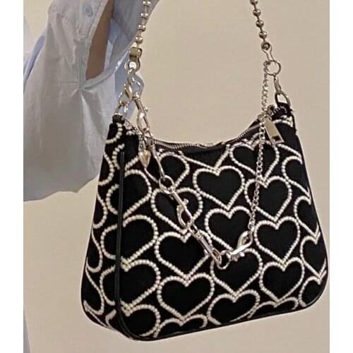 Xiuya Fashion Handbags 2021 Heart Shape Embroidered Girl Autumn Winter Shoulder Bag Woman Lolita Gothic Tote Baguette Canvas Bag