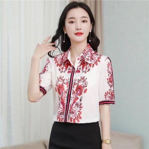 Womens Blouses Silk Vintage Shirt 2021 Summer Fashion Satin Printed Shirts Short Sleeve Top Blusas Mujer De Moda Verano