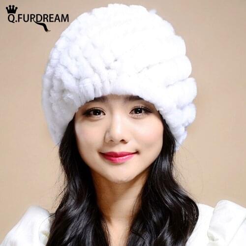 Q.FURDREAM Woman Pineapple Shape Hat Natural Rex Rabbit Fur Hair Ball Wire Fabric Lining Winter Warm Elastic Package The Ear Hat