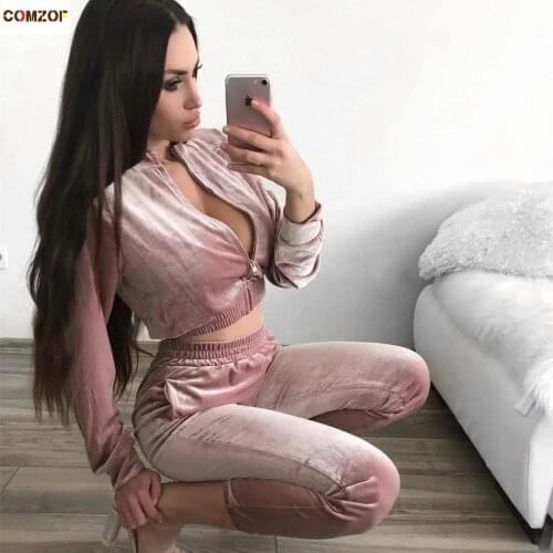 Zipper Velvet Short Coats+Pants Women 2 Piece Set Vintage Crop Top Long Sleeve Suits Lady Casual Clothing Mujer Pantalones