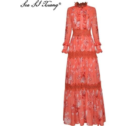 Seasixiang Fashion Designer Summer Maxi Dress Women Stand Collar Long Sleeve Lace Patchwork party Floor-Length Dresses