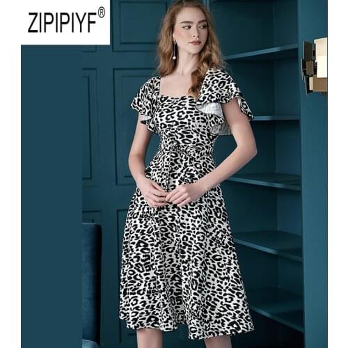 Wild Sexy Fashion Women Dresses Leopard Printed Short Sleeve Square Neck Mid Waist Knee Length Dresses Party Casual Dress Z1633