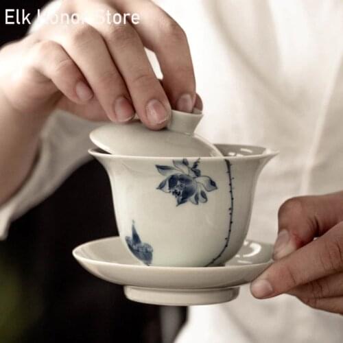160ml Lotus Ceramic Tea Tureen Kung Fu Tea Set Gaiwan Tea Cup Jingdezhen Hand-painted Underglaze Color Tea Ceremony Accessories