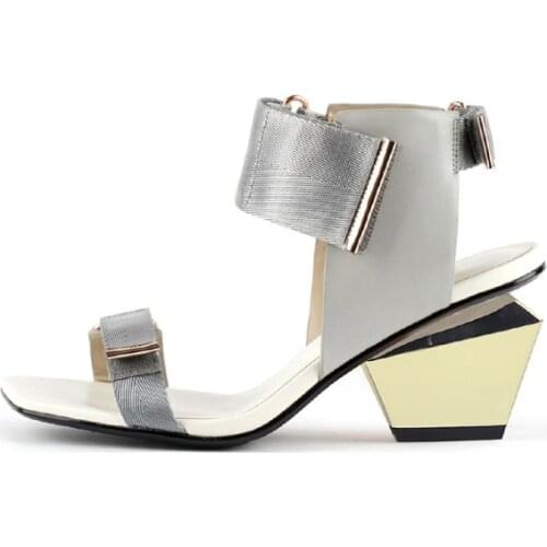 5.5cm high strange style heels square toe velcro pure color elegant concise black gray fashion cozy women sandals HL334 MUYISEXI