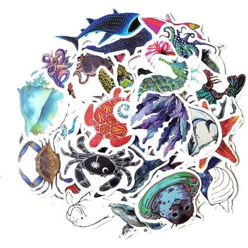 5 Sets=250PCS Blue Sea Creature Stickers Water Cup Notebook Stationery Mobile Phone Waterproof Stickers