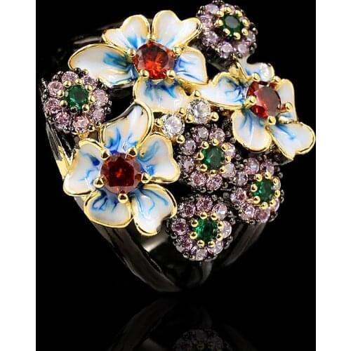 925 Silver New Gorgeous for Ladies Black Gold Ring Color Flower Ring Zircon Jewelry Handmade Enamel Exaggerated Flower Ring