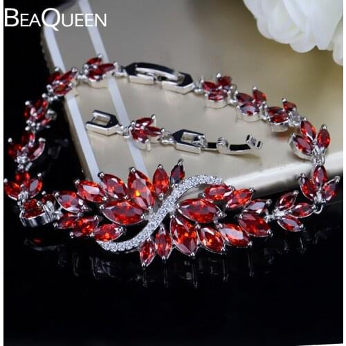 BeaQueen Stunning Wedding Bridal Fashion Women Jewelry Dark Red Marquise Cut Cubic Zircon Bangles Bracelets for Gift B056