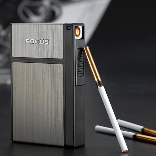 FOCUS Cigarettes Case with Tungsten Coil Lighter Fits Lady Slim Cigarette Whole Pack Tobacco Storage Box USB Plasma Arc Lighters