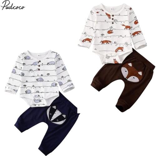 2020 Baby Spring Autumn Clothing Newborn Baby Boy Girl Fox print Tops Romper Long Pants Outfits Long Sleeve Clothes