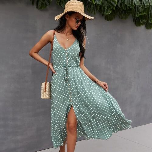 DUISNENA long boho dress strap dress summer polka dot print midi dress women dresses v-neck belt flounced edge robe vestidos