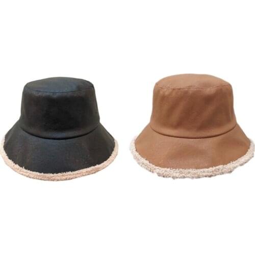 Unisex Autumn Double Sided Reversible Bucket Hat Artificial Leather Faux Fleece Thick Warm Packable Panama Fisherman Cap