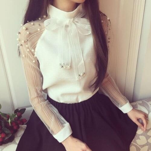 Elegant Organza Bow Pearl White Women Blouses New Spring Casual Chiffon Shirt Tops Blusas Femininas