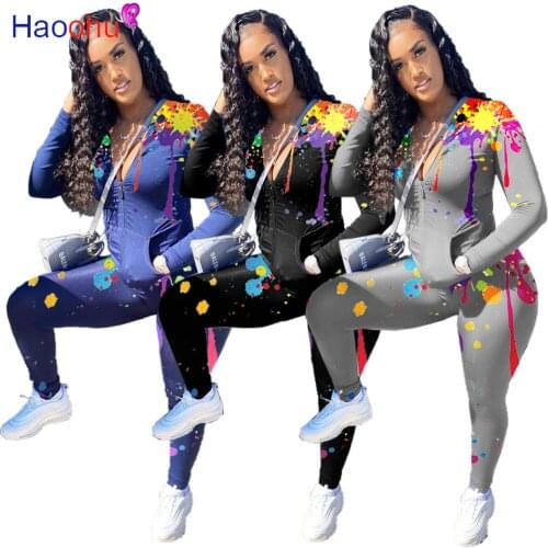 HAOOHU Graffiti Sportwear Classic Womens Set Zipper jacket Jogger Pant Set Active Tracksuit Fitness Two Piece Outfits Set