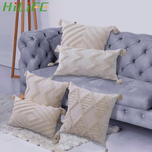 HILIFE Sofa Living Room Decoration Handmade Woven Pillowcase Home Decor Boho Pillowcase With Tassels Beige Tassels Cushion Cover