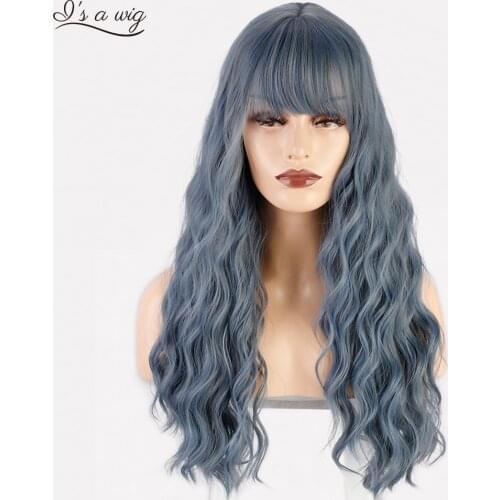 Is a wig Long Blue Wigs Synthetic Water Wave Wigs with Bangs for Black White Women Red Black Brown Daily Use Fashion Hairs
