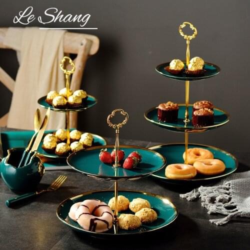Creative Emerald Three Layer Dessert Plate Fruit Tray with Gold Rim Dinner Plate Fruit Holder Candy Buffet Stand Cake Stand