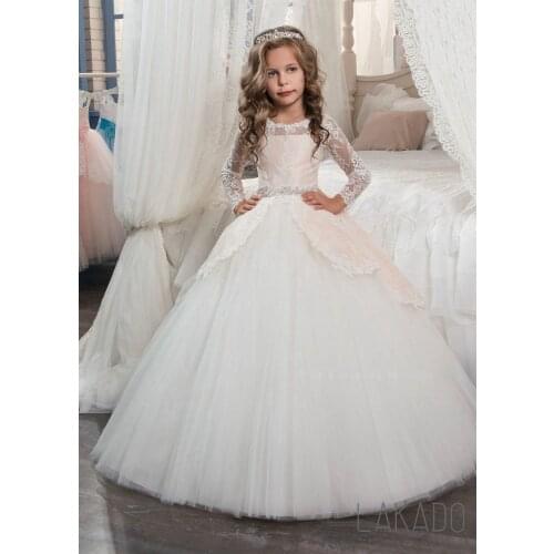 Lace Ball Gown Long Sleeve Girls Holy Communion Dresses Puffy Long Pageant Dresses For Kids