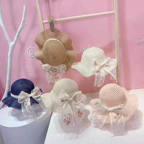 2021Girls Summer Cap Flower Lace Decorate Wavy Straw Hats For Girls Children Panama Hat Kids Sun Cap Baby Beach Gorras Accessory
