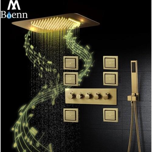 MBoenn Brushed Gold Shower System Modern Smart LED Rainfall Shower Panel Music Waterfall Showerhead Bathroom Faucet Thermostatic