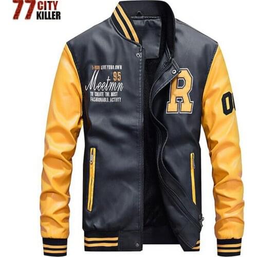 Brand Mens Embroidery Baseball Jackets Motorcycle Pu Leather Coats Letter Stand Collar Plus Size 4XL Fleece Pilot Bomber Coat