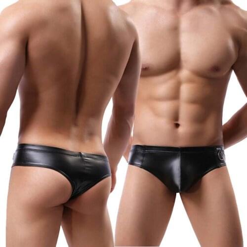 PU Leather Mens Underwear Briefs Glossy Gay Underwear Penis Erotic Sexy Button Men Sissy Panties Mens Underpants Male Lingerie