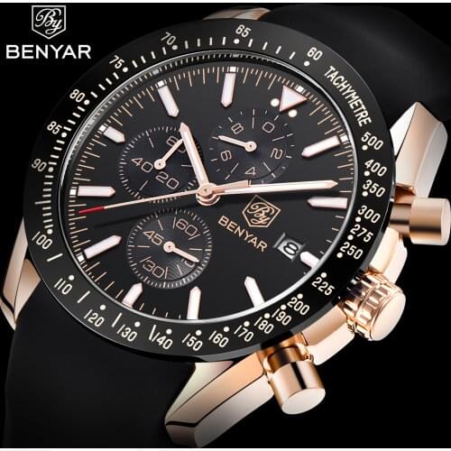 2020 BENYAR Design Top Men Watch Luxury Black Gold Rubber Strap Quartz Watch Precise Chronograph Automatic Date Clock Watch Men