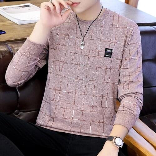 Mens Autumn Sweater Long-Sleeved T-shirt Mens Shirt Thin Clothes Mens Bottoming Shirt Colored Cotton Casual Korean Version