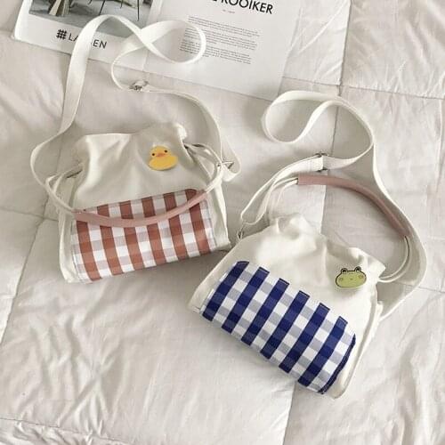 New Style Hipster Handbag Canvas Bag Plaid Bag Girls' Korean style Student Messenger Bag Mori Drawstring Small Shoulder Bag