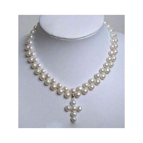 Natural pearl jewelry Nice Charming 2 Rows White Cultured Pearl Cross Pendant Necklace 18" silver jewelry