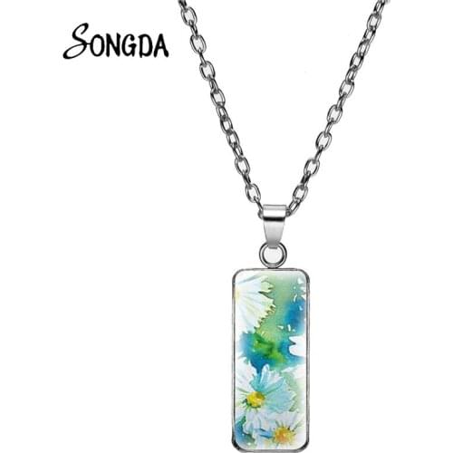 Charming Daisy Flower Rectangle Necklace Art Photo Handmade Glass Cabochon Pendants Chain Choker Women Jewelry Gift Accessories
