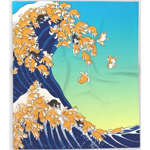 Shiba Inu in Great Wave Throw Blanket Bedspread Design Soft Fleece Throw Blanket Air/Sofa/Bedding Soft Winter Bedsheet