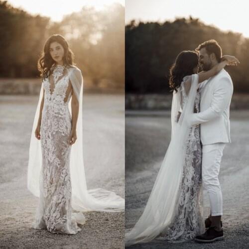 2020 Latest Bohemian Wedding Dresses With Cape Lace Appliqued V Neck Beads Bridal Gowns Country Style Garden Wedding Dress