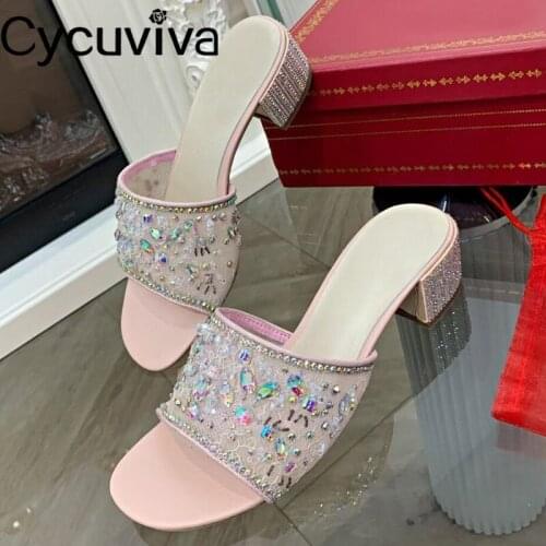 Rhinestone Chunky Heel Slippers Women Ladies Crystal Shoes Black Pink High Heels Mules Sandals Summer Party Shoes Female
