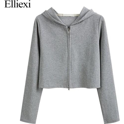 Elliexi Hoodies Zipper Women Harajuku Korean Autumn Loose Long sleeve Hooded Short Coat Vintage Student Girl Top Sweatshirt