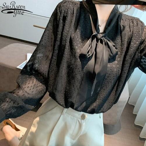 New Style Bow V Collar Shirt Loose Long Sleeve Chiffon Blouse Spring and Autumn Top Office Lady White Shirt Blusas Mujer 11547