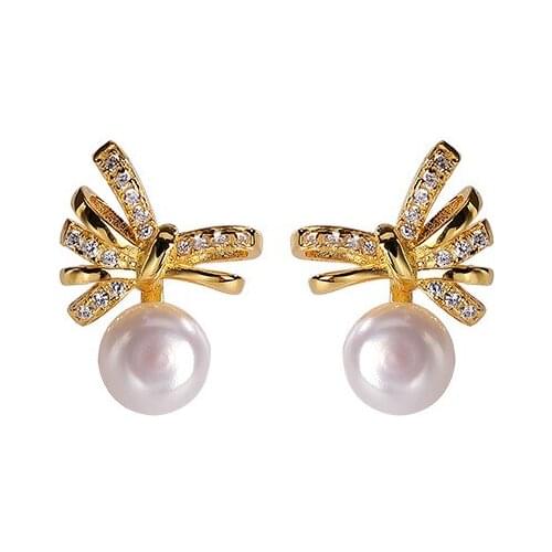 S925 sterling silver gold-plated natural freshwater pearl ear studs personality affordable luxury graceful bow womens earrings