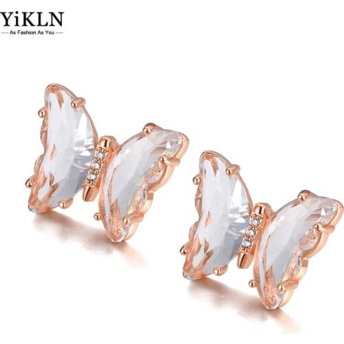 YiKLN Fashion 316L Stainless Steel White/Purple Cubic Zirconia Butterfly Animal Earrings For Women CZ Crystal Earring YE20134