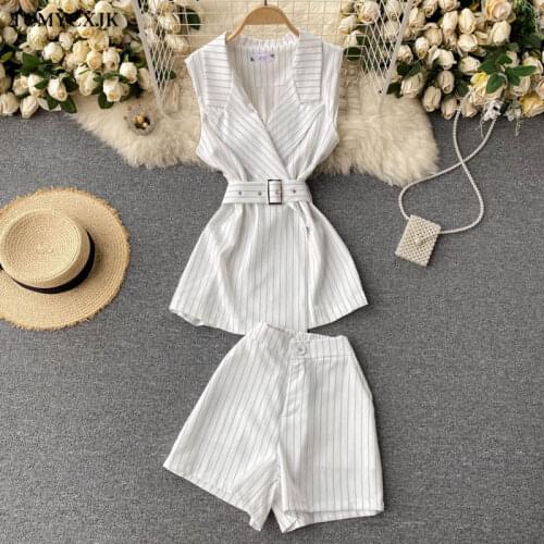 2021 Summer Women Blazer Set Belted Notched Sleeveless Waist Vest Top+Shorts Pants Suit Elegant Female Striped Suit 2 Pieces Set