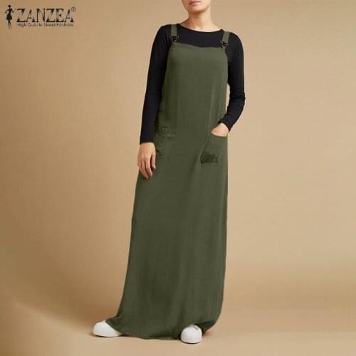 Plus Size Womens Summer Sundress ZANZEA 2021 Kaftan Suspenders Dress Solid Overalls Vestidos Female Square Neck Buckle Robe