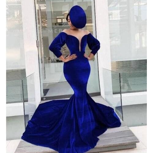 Royal Blue Long Sleeves Velvet Evening Dress Deep V-neck Mermaid Sweep Train Prom Gowns Simple Women Party Dresses
