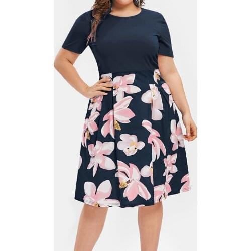 Sexy Plus Size Dress Womens Flower Print Plus Size Midi A Line Dress Femme Dress Plus Size Round Neck Loose Party Dresses